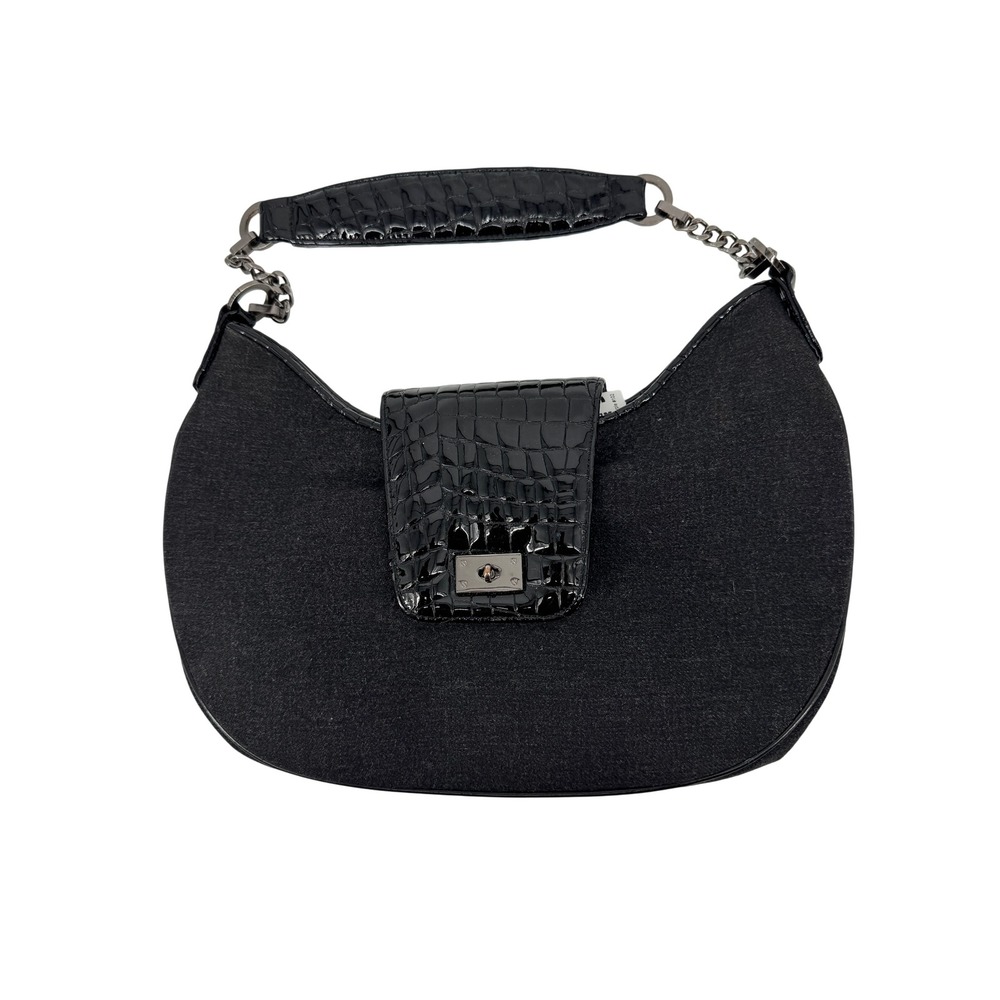 Worth Y2K Shoulder Bag Women Medium Black Croc Embossed Wool Blend Chain Handbag